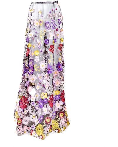 Harlow Loves Daisy Skirt Of Embroidered Multicoloured Cascading Flowers On Black Mesh - Purple
