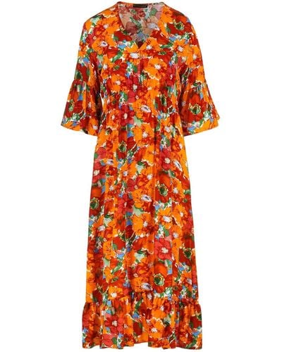Conquista Floral Ruffle Detail Midi Dress - Orange