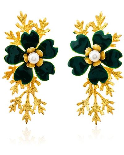 Milou Jewelry Dark Flower Earrings With Gold Branches - Green