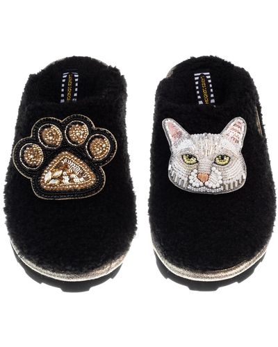Laines London Teddy Closed Toe Slippers With Lily The White Cat & Paw Brooches - Black
