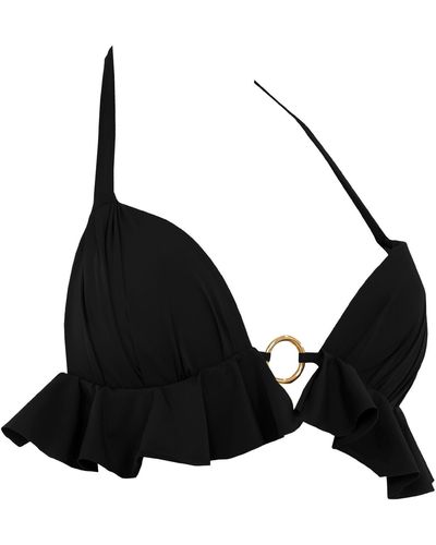 ANTONINIAS Dalliance Padded Halter Bikini Top With Ruffles In - Black