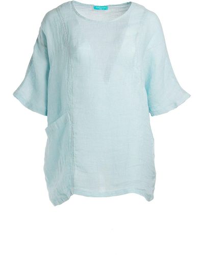 Haris Cotton Front Pocket Curve Linen Gauze Blouse With Batwing Sleeve - Blue