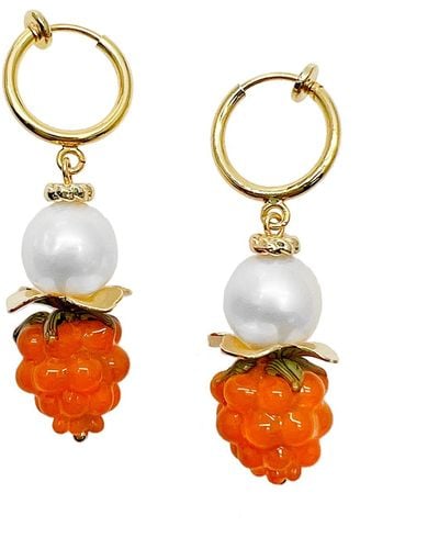 Farra Pearls With Orange Rasberry Clip-on Earrings - White