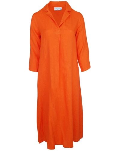 Haris Cotton Maxi Linen Dress With Front Pleat And Lapels - Orange