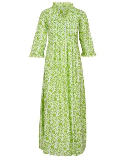 At Last Cotton Annabel Maxi Dress In White With Fresh Lime Trellis - Green