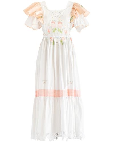 Sugar Cream Vintage Re-design Upcycled Cotton Hand Embroidered Floral Motifs Maxi Dress - White
