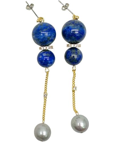 Farra Stylish Lapis And Grey Freshwater Pearls Dangle Earrings - Blue