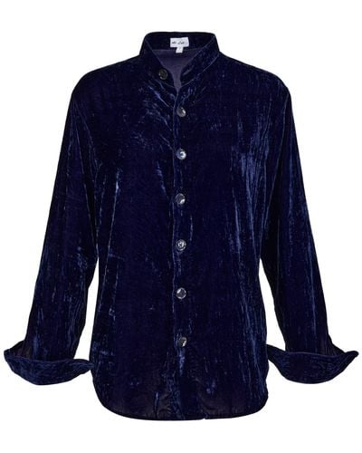 At Last Silk Velvet Shirt In Navy With Mandarin Collar - Blue