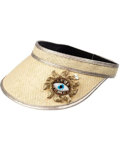 Laines London Neutrals Straw Woven Visor With Embellished Mystic Eye Brooch - Black