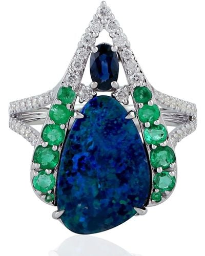 Artisan 18k White Gold Opal Doublet Emerald Sapphire Diamond Cocktail Ring Handmade Jewelry - Multicolor