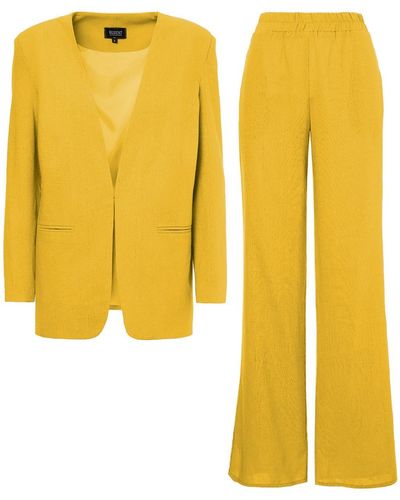BLUZAT Dark Yellow Linen Suit With Blazer And Straight Pants