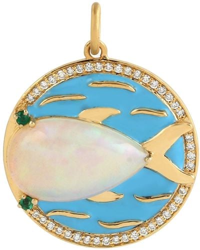 Artisan Solid Yellow Gold Pear Shape Ethiopian Opal & Emerald And Natural Diamond Fish Enamel Pendant - Blue