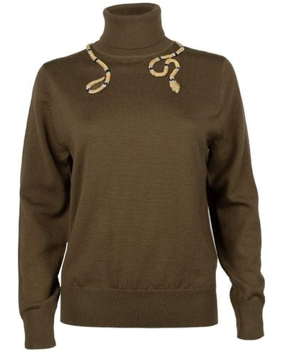 Laines London Laines Couture Wrap Gold Snake Embellished Knitted Roll Neck Sweater - Green