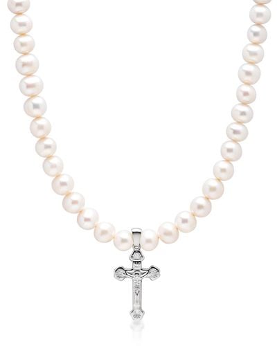 Nialaya Pearl Necklace With Silver Cross - Metallic