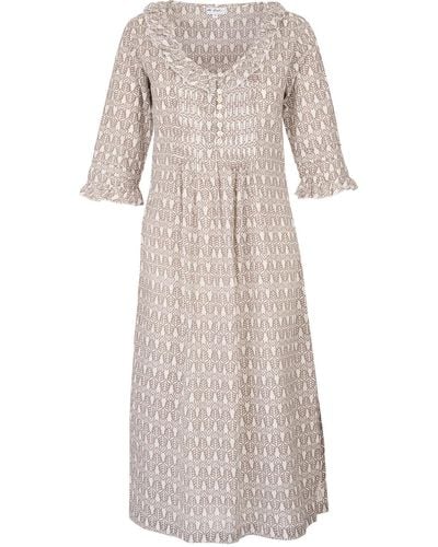 At Last Neutrals Cotton Karen 3/4 Sleeve Day Dress In Fresh Taupe & - Natural