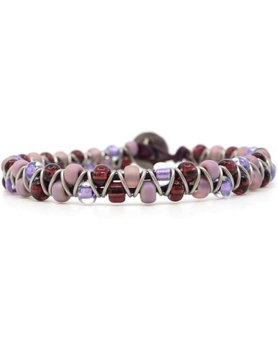 Shar Oke Purple Czech Beads & Purple Leather Beaded Bracelet - Multicolor