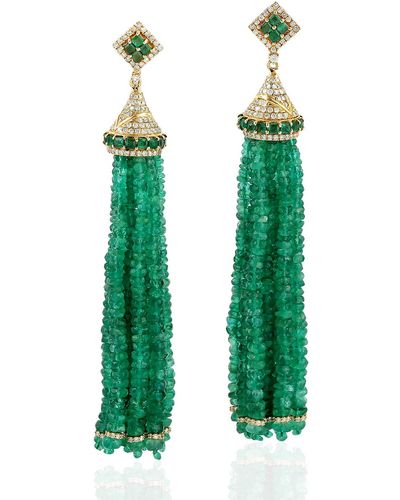 Artisan Beads Natural Emerald Dangle Earrings Tassel 18k Yellow Gold Diamond - Green