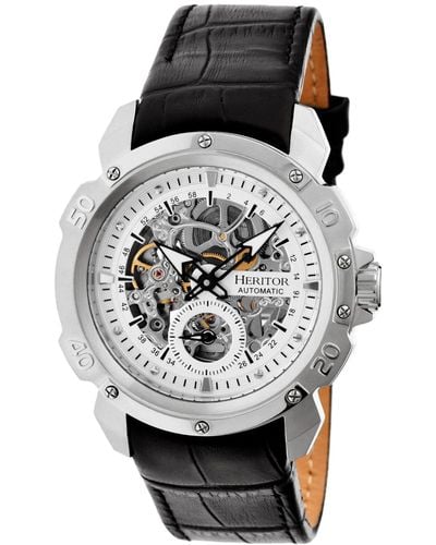 Heritor Conrad Leather-band Skeleton Watch With Seconds Sub-dial - Black
