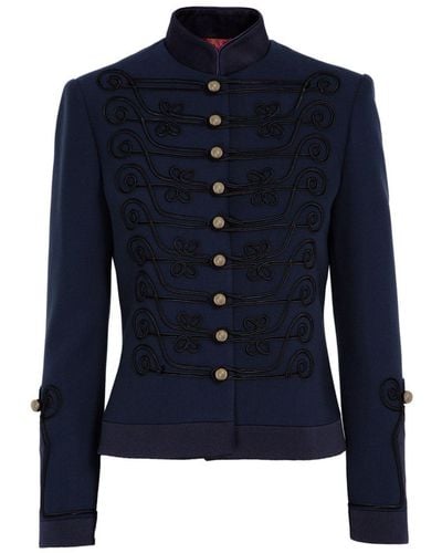 The Extreme Collection Fitted Navy Premium Crepe Mao Collar Blazer With Golden Buttons Spezia - Blue