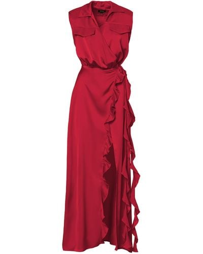 BLUZAT Maxi Dress With Oversized Shoulders And Ruffled Slit - Red