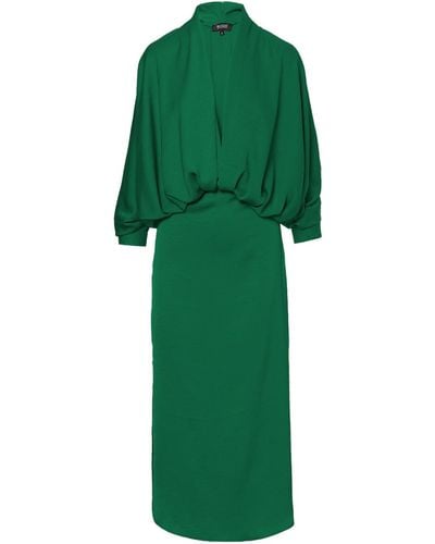BLUZAT Emerald Draped Dress With Flared Sleeves - Green