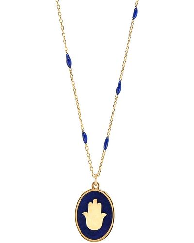 Ebru Jewelry Blue Enamel Hamsa Talisman Necklace - Metallic