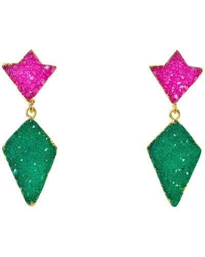YAA YAA LONDON Princess Pink Green Druzy Gold Earrings