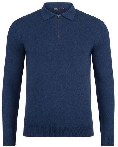 Paul James Knitwear S Lightweight Finley Cotton Zip Neck Polo Shirt - Blue