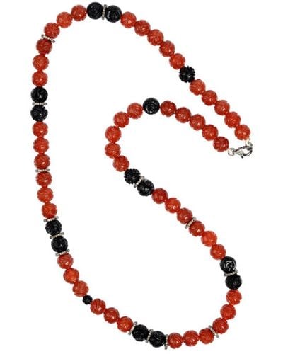 Artisan Natural Agate Diamond Matinee Necklace 925 Sterling Silver Carving Jewelry - Red