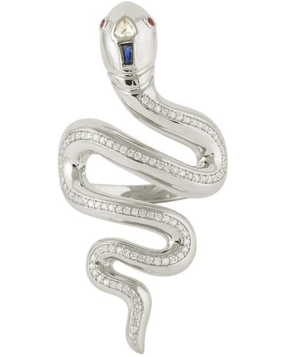 Artisan Natural Sapphire Ruby Diamond Snake Ring 14k White Gold Solid Bypass Long Ring - Metallic