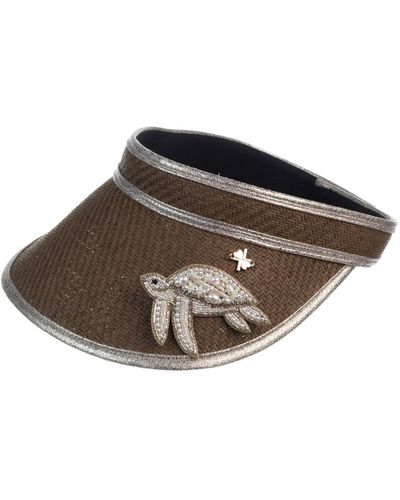 Laines London Straw Woven Visor With Beaded Turtle Brooch - Brown