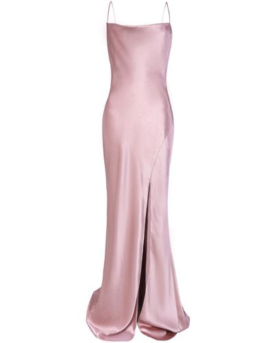 True Decadence Dusty Pink Cowl Neck Satin Backless Thigh Split Maxi Dress