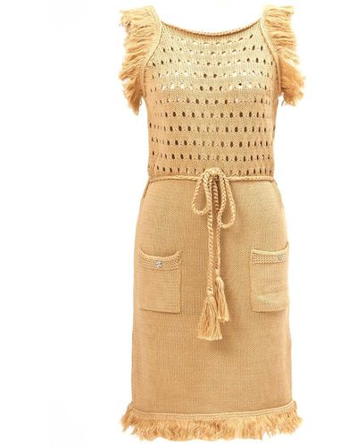 Peraluna Miyoki Mini Knitted Tasseled Dress In Beige - Natural