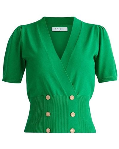 Paisie Short Sleeve Knitted Button Wrap Top - Green