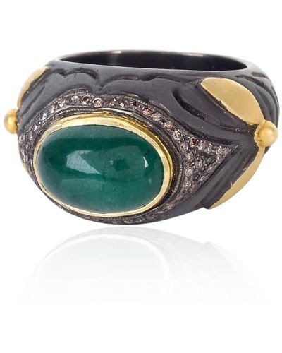 Artisan 14k Gold & 925 Silver In Oval Cut Emerald With Pave Diamond Cocktail Ring - Green