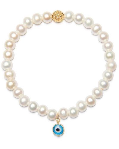 Nialaya Wristband With White Pearls And Blue Evil Eye Charm - Metallic