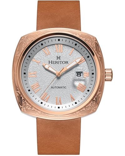 Heritor Davenport Engraved-case Leather-band Watch With Date - Pink