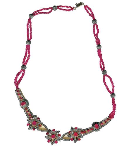 Artisan Natural Ruby Pave Diamond Gold Sterling Silver Designer Necklace Jewelry - Red