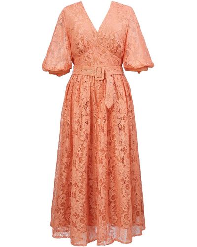 Smart and Joy All-lace Puffy Sleeves Dress With Belt - Orange