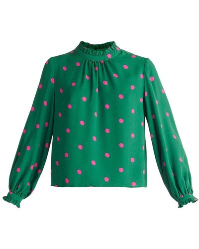 Paisie Pleated Collar Polka Dot Blouse In Green And Pink