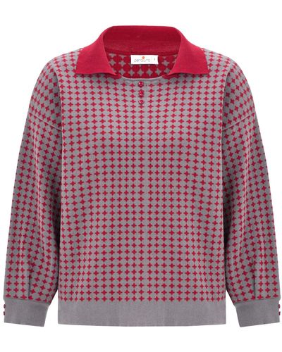 Peraluna Polo-neck 3/4 Sleeve Geometric Patterned Knitwear Pullover - Red