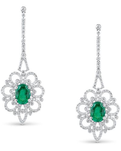 Trésor Emerald Oval And Diamond Earring In 18k White Gold - Blue