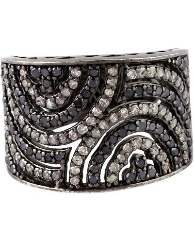 Artisan Natural Diamond Pave 925 Sterling Silver Vintage Style Band Ring Handmade Jewellery - Black