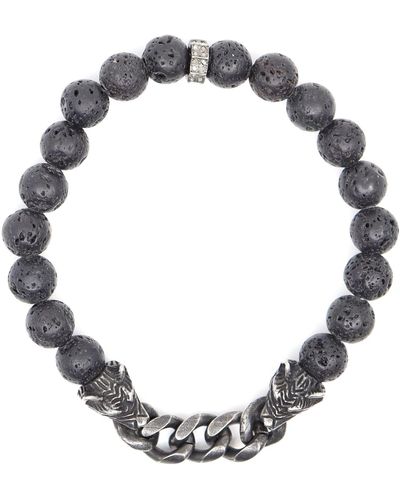 Shar Oke Stainless Steel Wolf & Black Natural Lava Beaded Bracelet - Metallic