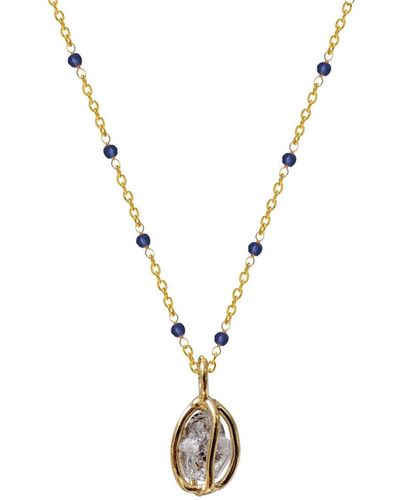 Mirabelle Fancy Sapphire Rosary With Herkimer Diamond Raw In Cage Pendant - Metallic