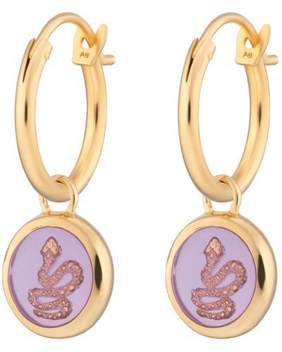 Lily Charmed Gold Plated Purple Snake Resin Charm Hoop Earrings - Metallic