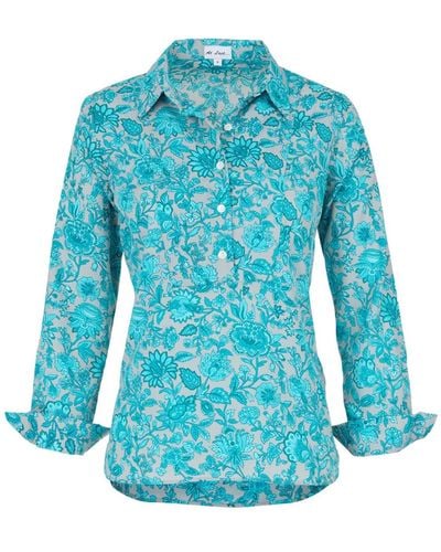 At Last Soho Shirt In Gray With Aqua Flower - Blue