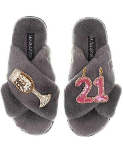 Laines London Classic Laines Slippers With 21st Birthday & Champagne Glass Brooches - Brown