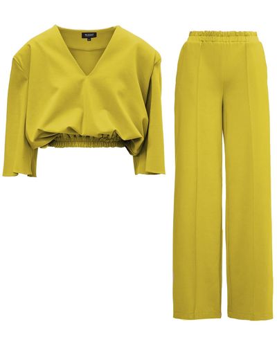 BLUZAT Lime Matching Set With Blouse And Wide Leg Pants - Yellow