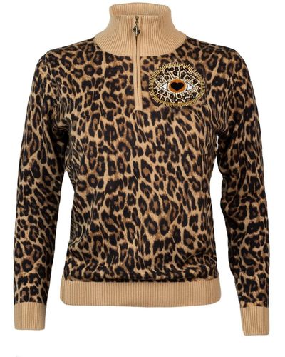 Laines London Laines Couture Animal Print Quarter Zip Jumper With Embellished Leopard Love Eye - Brown